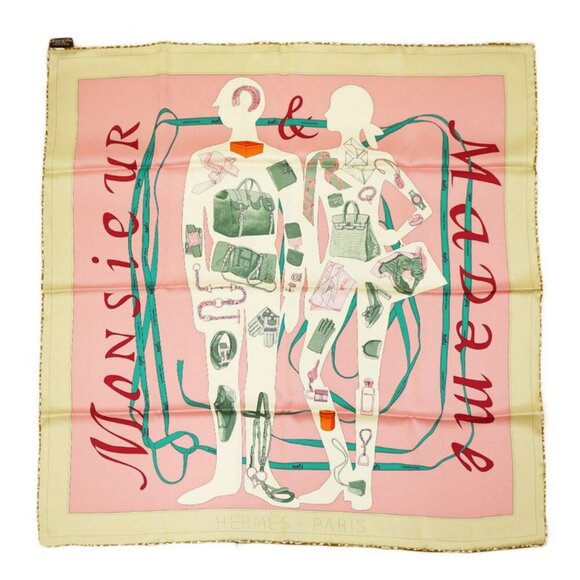 Hermes Carre 70 S Monsieur ET Madame Scarf Beige Rose Pink 100%